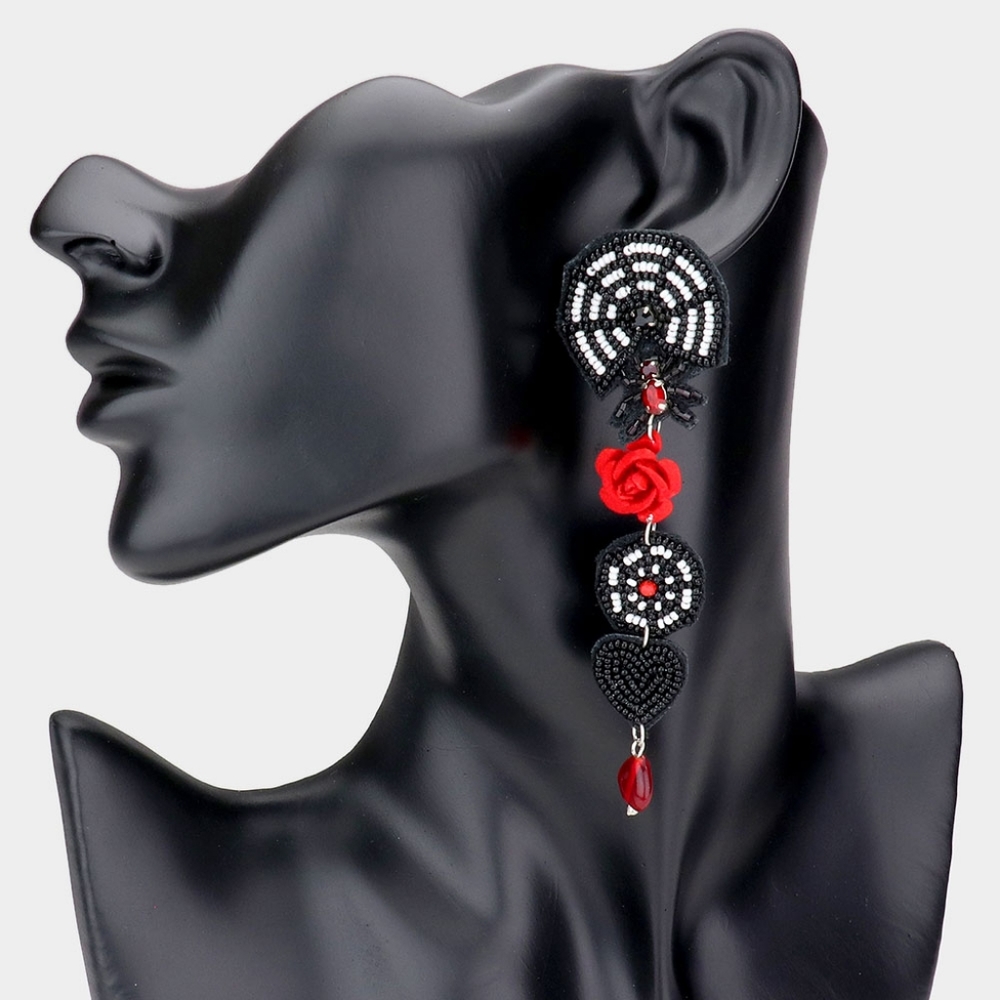 Black Spider Web Red Flower Heart Halloween Dangle Earrings Fun Statement Theme